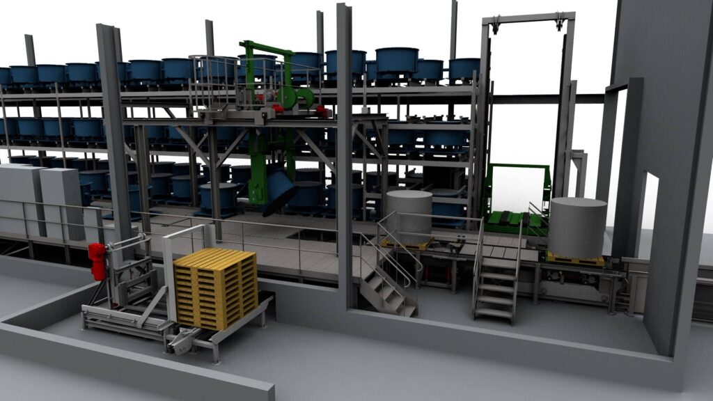 Emulation of a production line for concrete products with XXL mould stacker crane