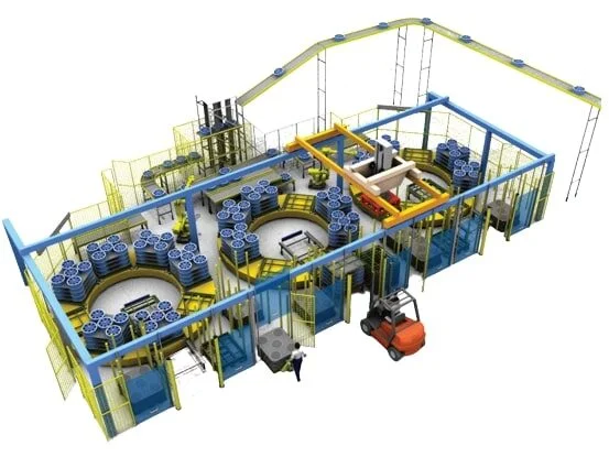 Modèle 3D animé d'une usine avec carrousel