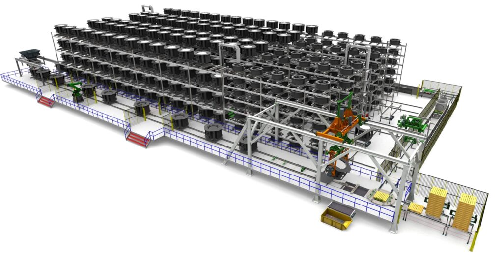 Modèle 3D du système de stockage automatisé de moules pour produits en béton